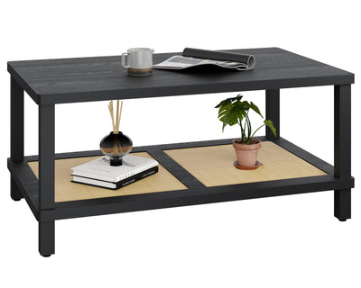 YAUKOMEL Rattan Coffee Table for Living Room,2-Tier Wooden Center Table with Hand Made Rattan Decorated,39.3 Inch Living Room Tbale with Rounded Corners,Boho Coffee Table,Easy Assembly Black LCT55BK