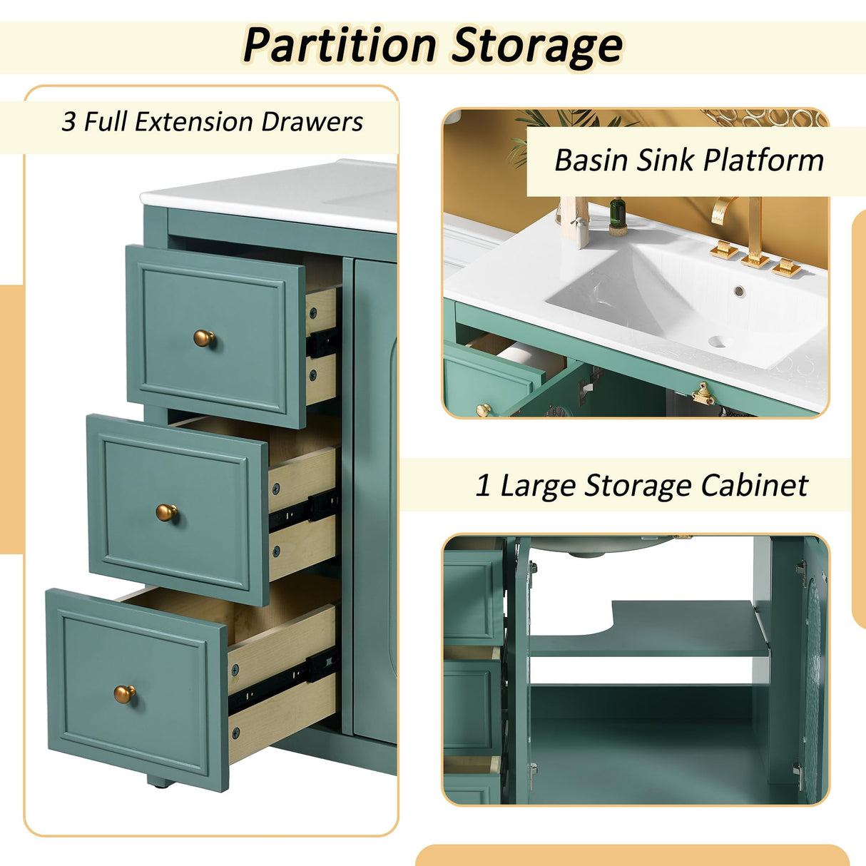 LUMISOL 36 Inch Bathroom Vanity with Sink, Free Standing Bathroom Sink Cabinet with 3 Drawers, 2 Glass Door & Side Storage, Vintage Bathroom Vanities with Ceramic Sink, Solid Wood Frame, Green LUMISOL