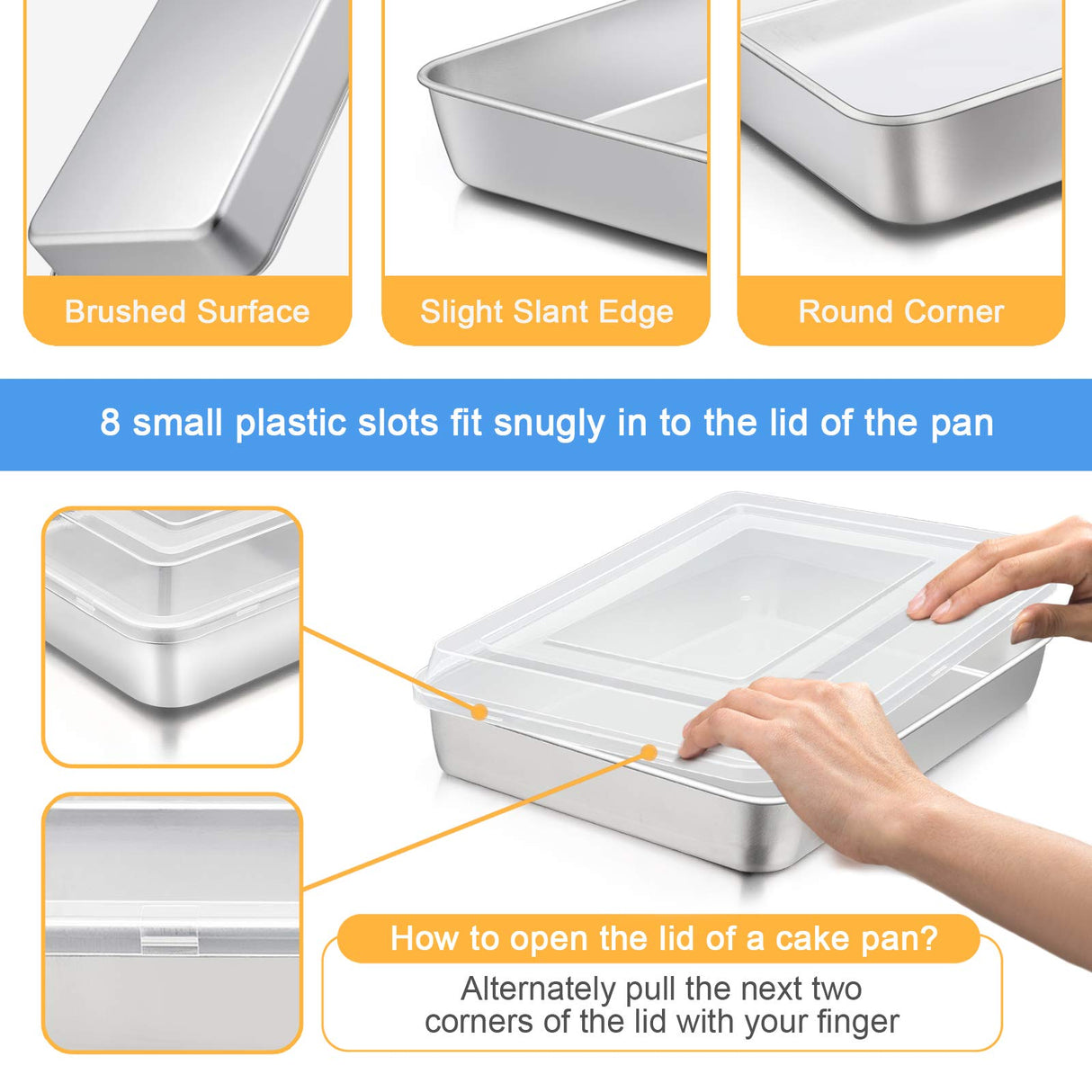 E-far Stainless Steel Baking Pan with Lid, 12⅓ x 9¾ x 2 Inch Rectangle Sheet Cake Pans with Covers Bakeware for Cakes Brownies Casseroles, Non-toxic & Healthy, Heavy Duty & Dishwasher Safe - Set of 2 E-far