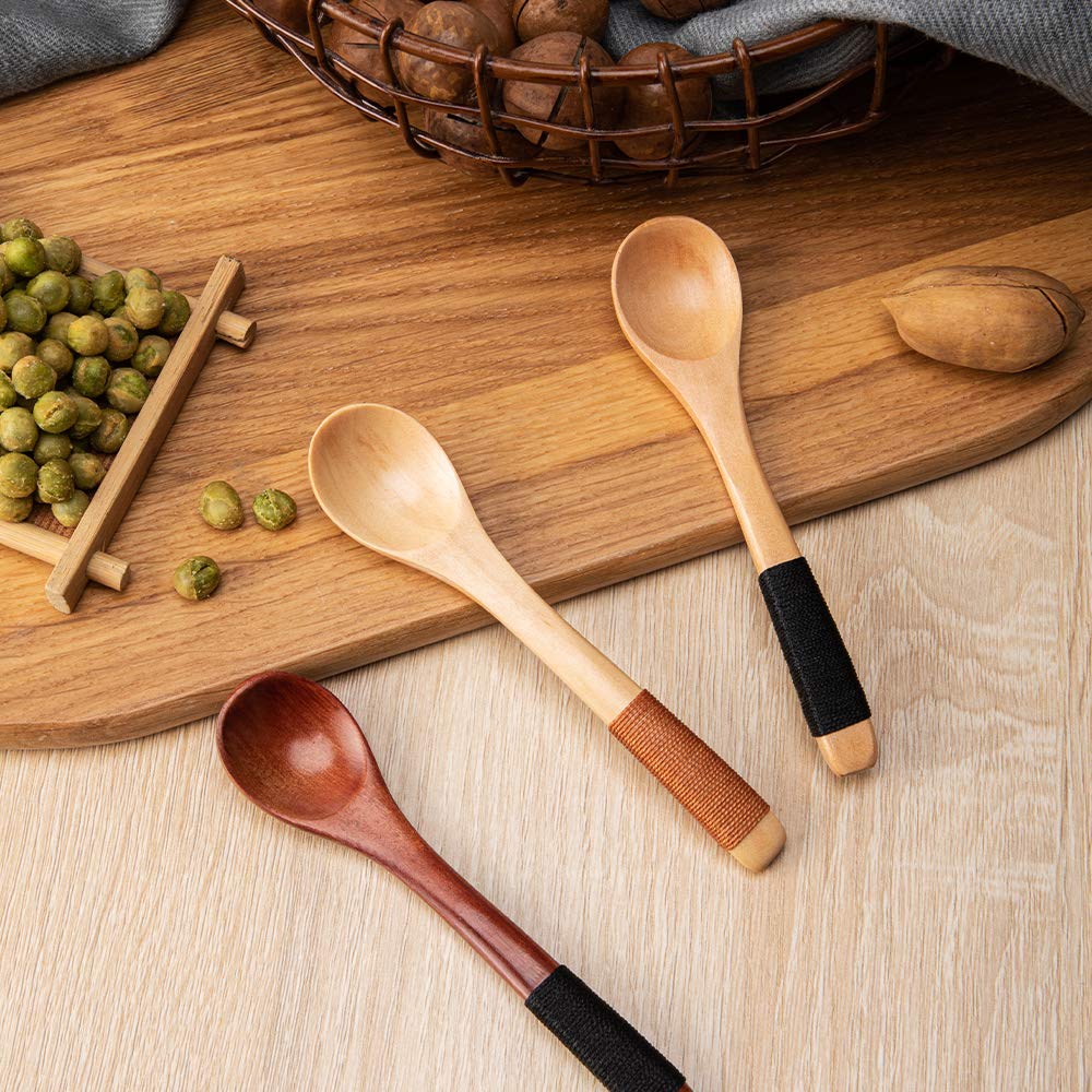 sansheng 4 Pcs Mini Wooden Spoons, Wood Soup Spoons For Eating Mixing Stirring Cooking, Handle Spoon With Japanese Style Kitchen Utensil, With Tied Line On Handle(13cm) sansheng