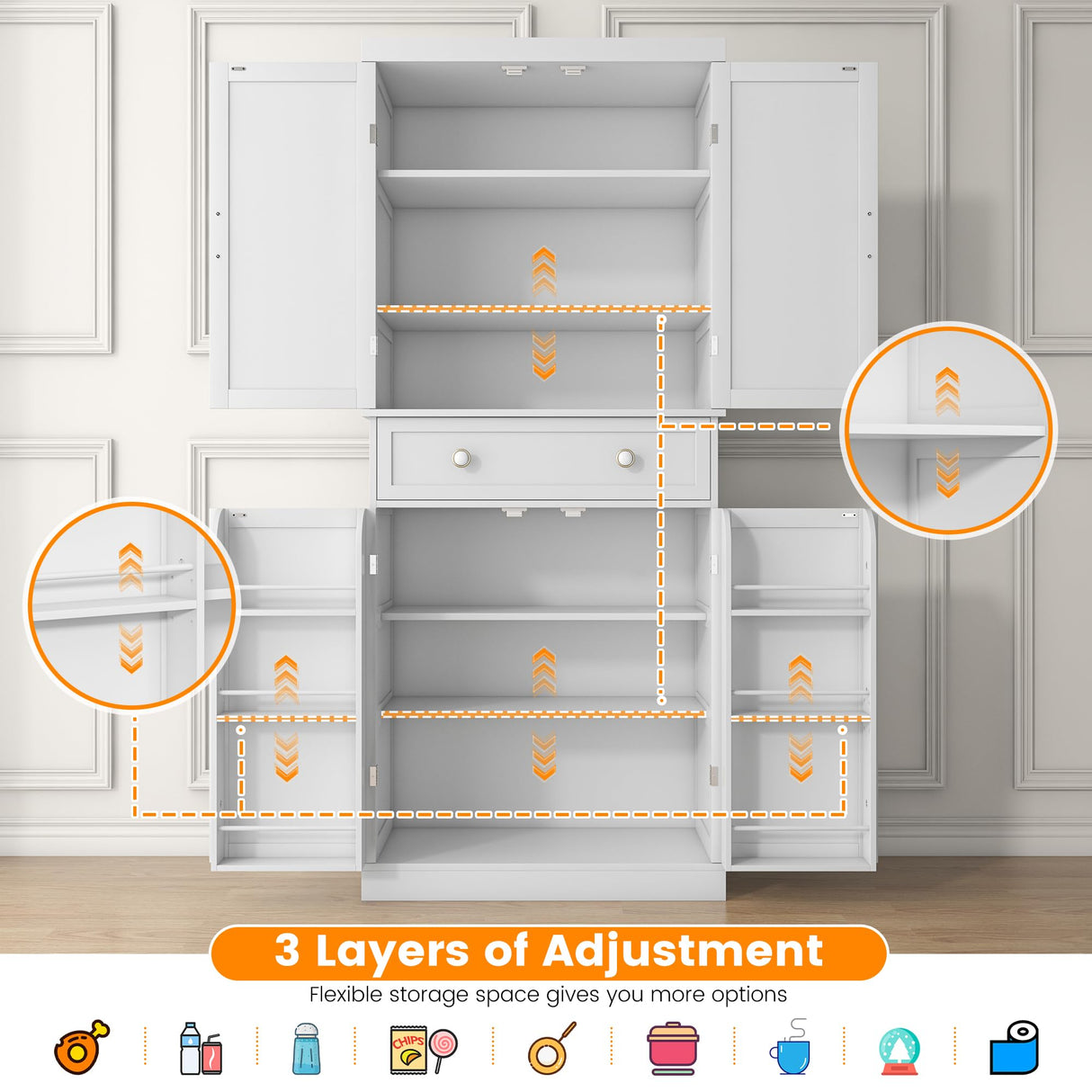 kepptory 72“ Kitchen Pantry Cabinet White, Tall Pantry Storage Cabinet with Adjustable Shelves and Drawer, Kitchen Buffet Cupboards Sideboard for Home Office Use (16" D x 30" W x 72" H) kepptory