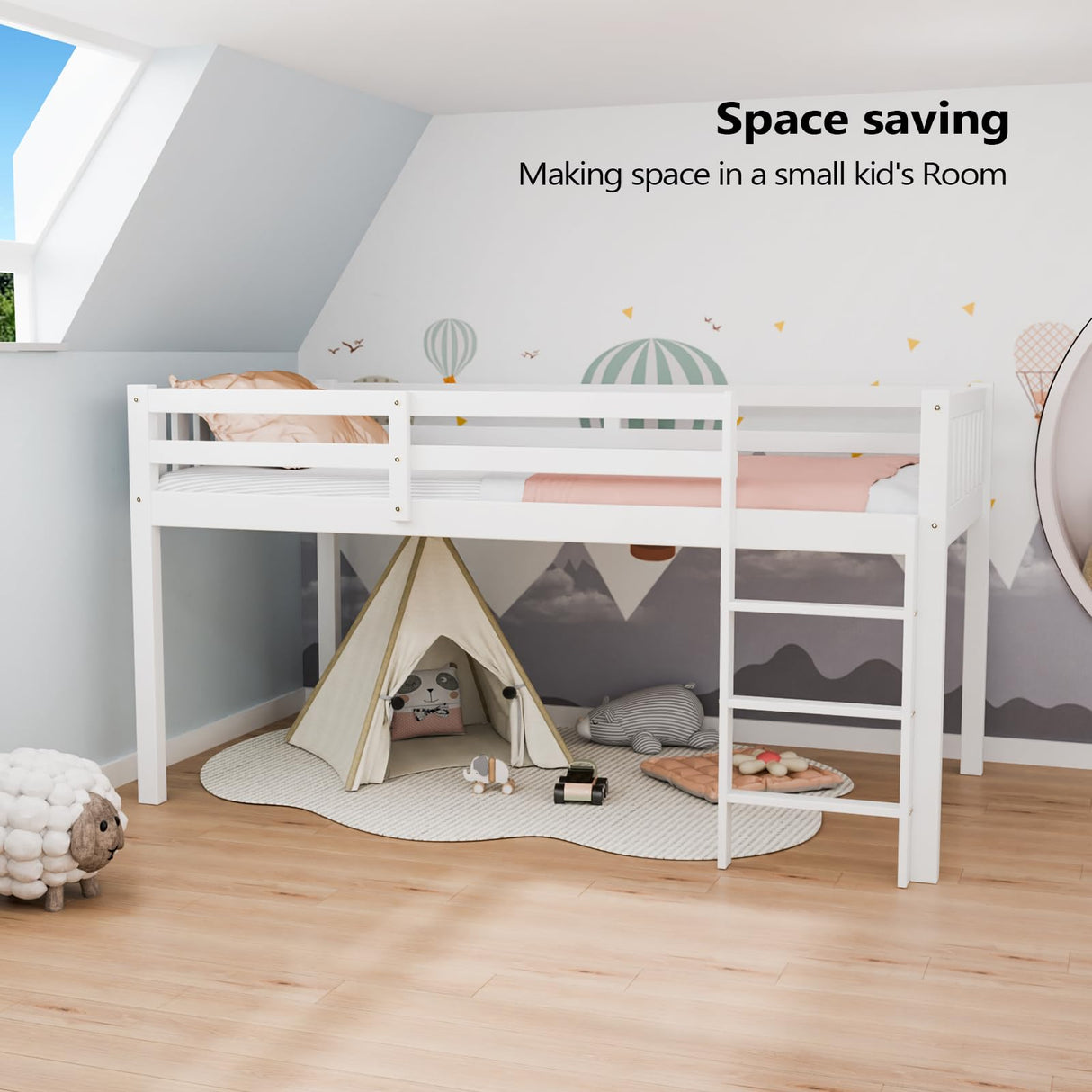 JOYMOR Twin Loft Bed Low Loft Bed Frame for Little Kids Small Room/Low Ceiling Bedrrom with Guardrail and Ladder, White JOYMOR