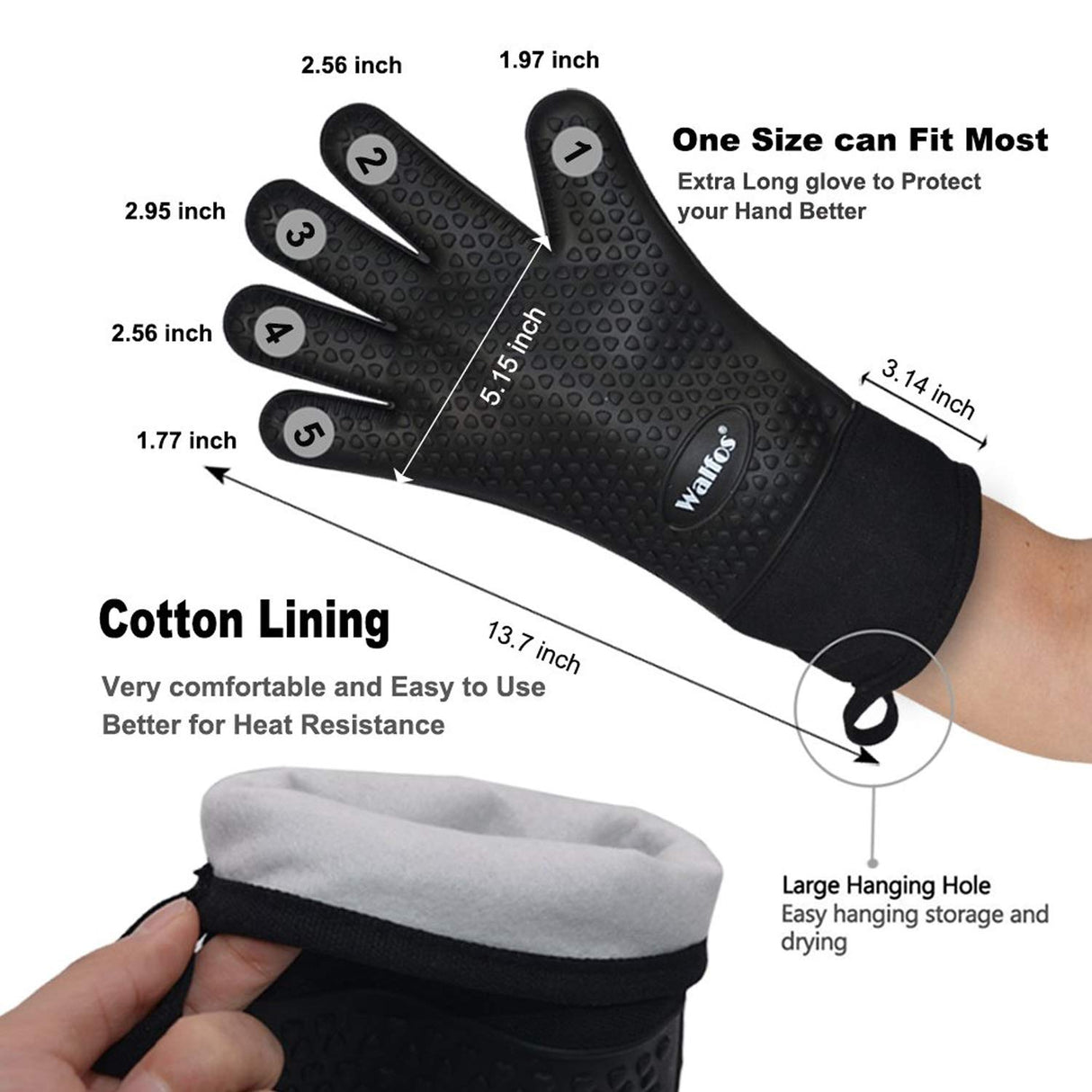 Walfos Silicone BBQ Gloves - Heat Resistant Grilling Gloves, Premium Non-Slip Kitchen Silicone Oven Mitt With Protective Cotton Layer Inside, Waterproof, Great for Grilling, Kitchen and Cooking, Black Walfos