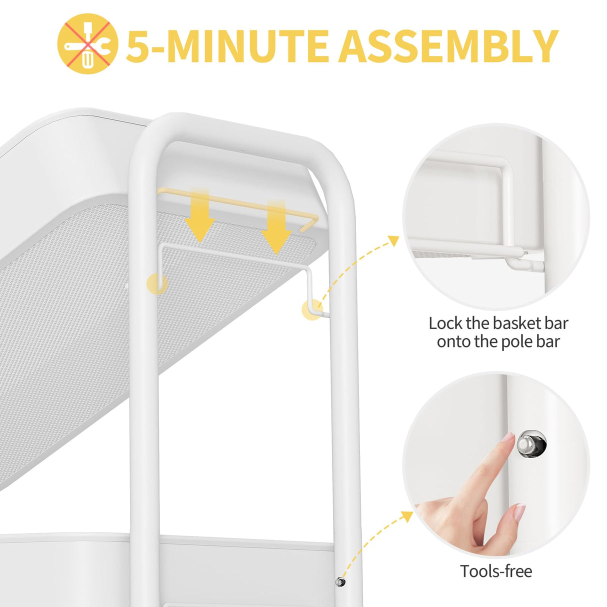 TOOLF 3 Tier Rolling Cart Storage Organizer, Metal Rolling Utility Cart with Wheels, Hooks & Bins Esthetician Craft Art Sturdy Storage with Pegboard for Bathroom, Kitchen, Office, Nursery Diaper TOOLF