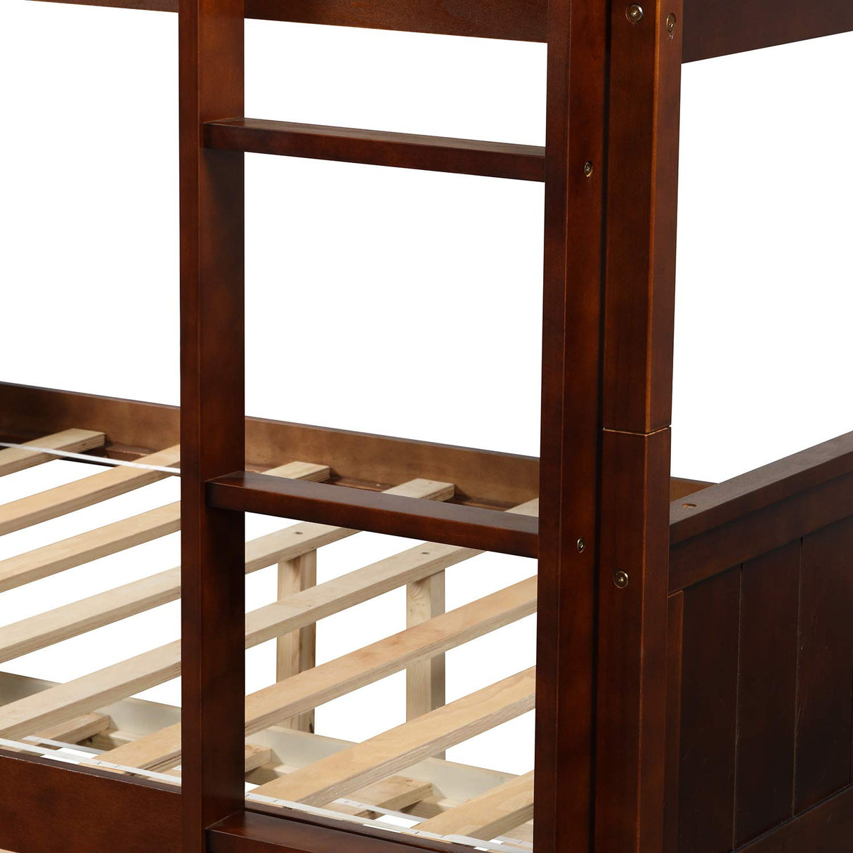 KLMM Full Over Full Bunk Bed with Trundle, Solid Wood Bunk Bed with Ladder and Safety Guard Rail, Can Accommodate 5 Person, Apply to Bedroom/Dormitory (Walnut) KLMM