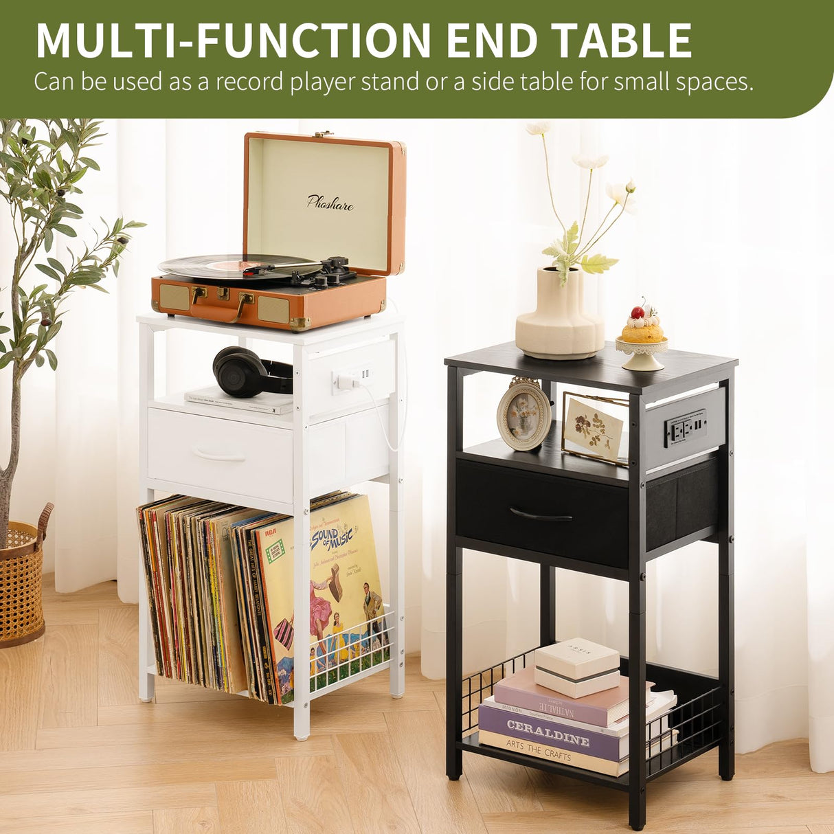 Yoobure Side Table - Night Stand with Charger Station & LED Light, 3 Tier Small End Table Living Room, Bedside Table with Drawer, Record Player Stand with Vinyl Storage, White Nightstand for Bedroom Yoobure