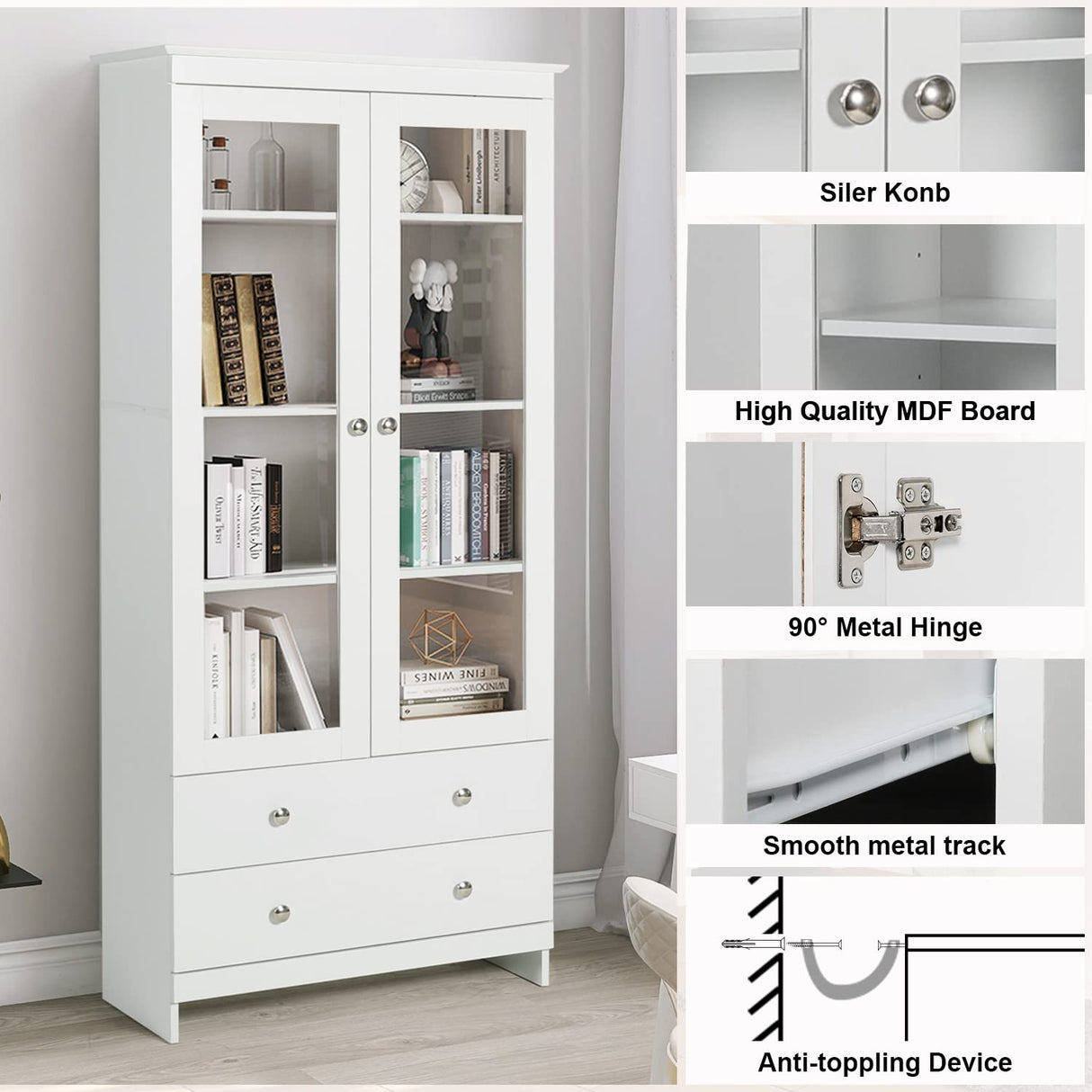 YIGOBUY White Bookcase with Glass Doors Tall Display Cabinet Wooden Bookshelf Organizer for Home Bedroom, Living Room, Office, Curio Cabinet Freestanding Kitchen Pantry YIGOBUY