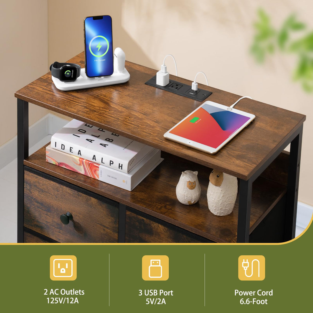 Yoobure Night Stand with Charge Station, Nightstand with 4 Drawers Bedside Table, LED Dresser with Storage Shelf, Night Stands for Bedroom, Side Table 3-Tier Wood End Table for Home Rustic Brown Yoobure