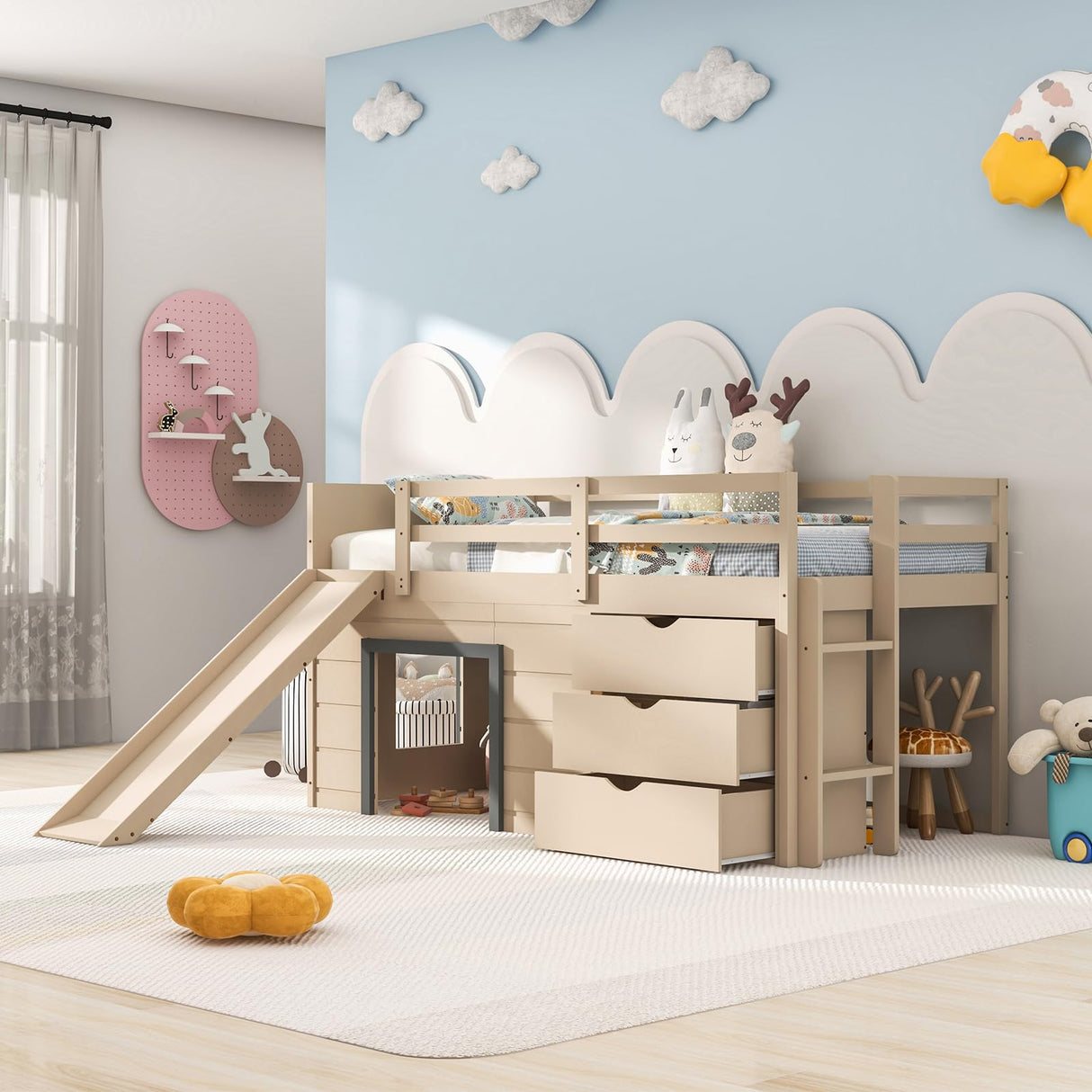 KOMFOTT Twin Low Loft Bed with 3 Storage Drawers & Underneath House, Wood Loft Bed with Slide, Ladder, Guardrails & Under-Bed Play Space, Kids Twin Loft Bed for Girls & Boys, No Box Spring Needed KOMFOTT