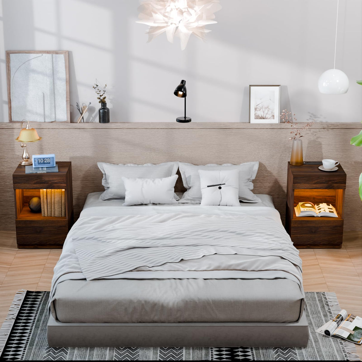 HOMMPA Set of 2 Open Shelf LED Nightstands with Charging Station Dark Walnut 2 Drawers Bedside Tables with Led Light Night Stands with Storage Smart Nightstads Wood Night Table Mid Century for Bedroom HOMMPA