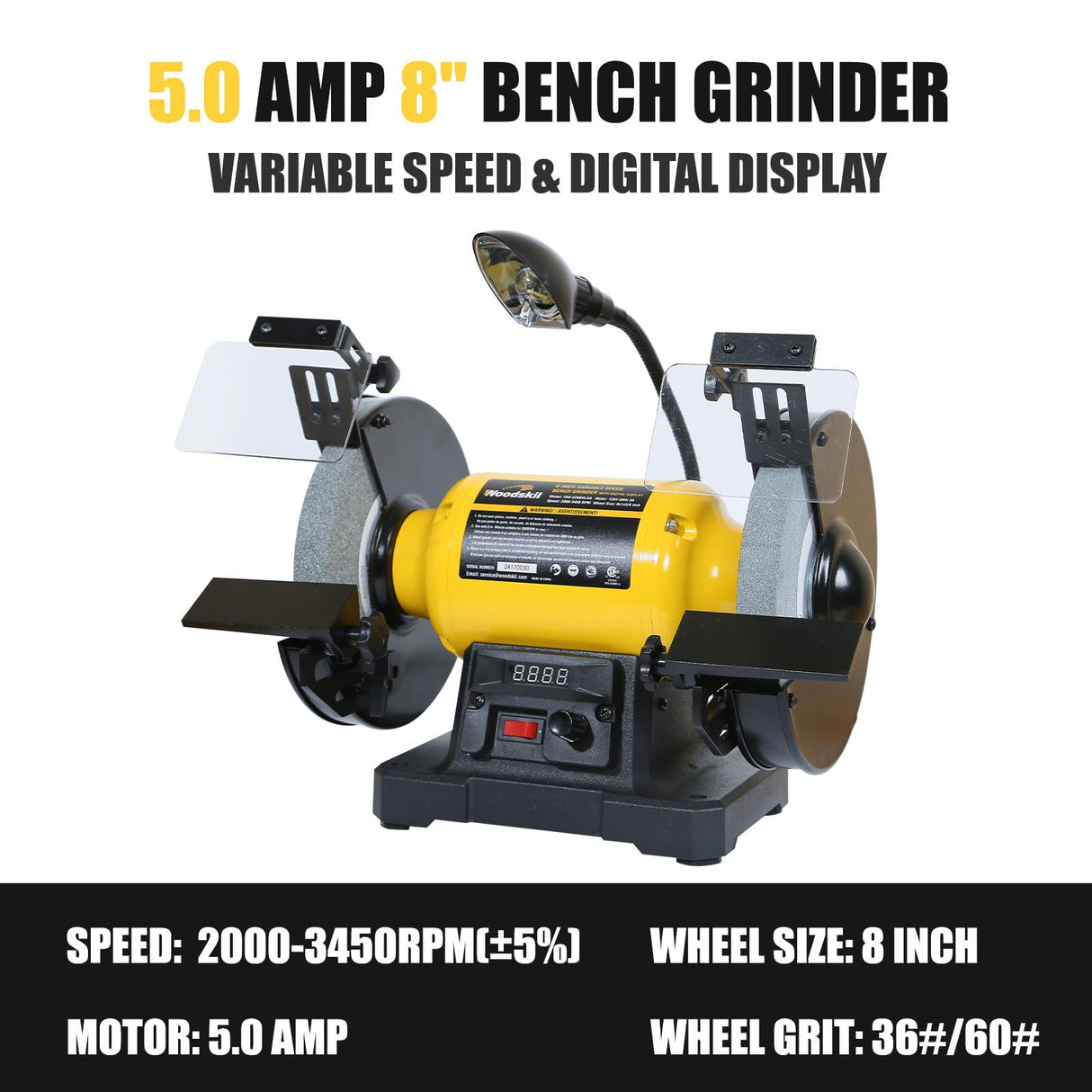Woodskil Digital Display 8 Inch Variable Speed Bench Grinder, 3/4HP 5.0 Amp Power Bench Grinder with Work Light, Adjustable Tool Rest and Cast Iron Base for Knife, Chisel Woodskil