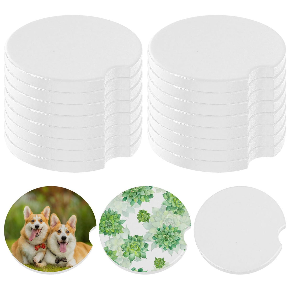 Framendino, 16 Pack Ceramic Car Coasters Sublimation Blanks 2.6" Blanks Sublimation Coasters Cupholders Cup Coaster with Finger Notch for Keeping Drink Spill Framendino