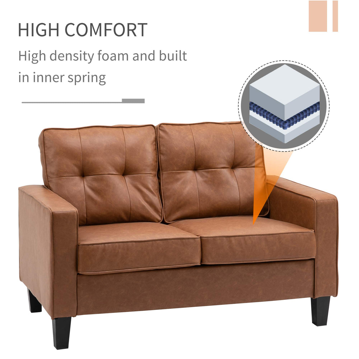 HOMCOM 51" Wide Loveseat with Armrest, 2-Seater Tufted PU Leather Double Sofa, Brown Aosom