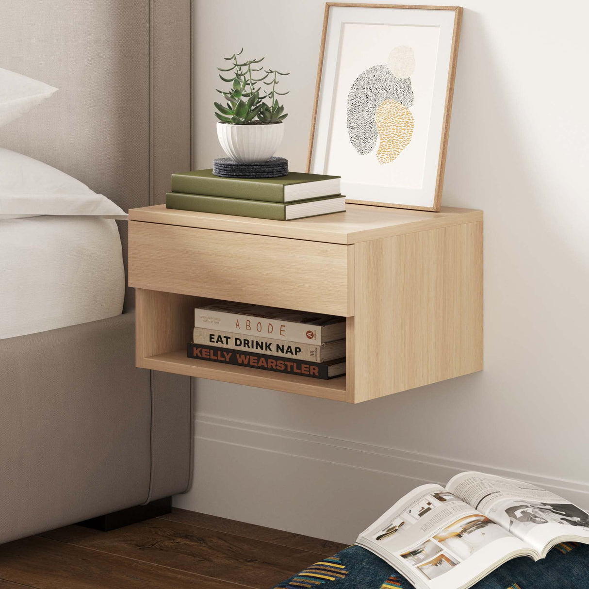 Nathan James Jackson Wall Mounted Floating Bedroom Nightstand with Storage Drawer and Modern Open Shelf Cubby, Light Oak Wood Nathan James