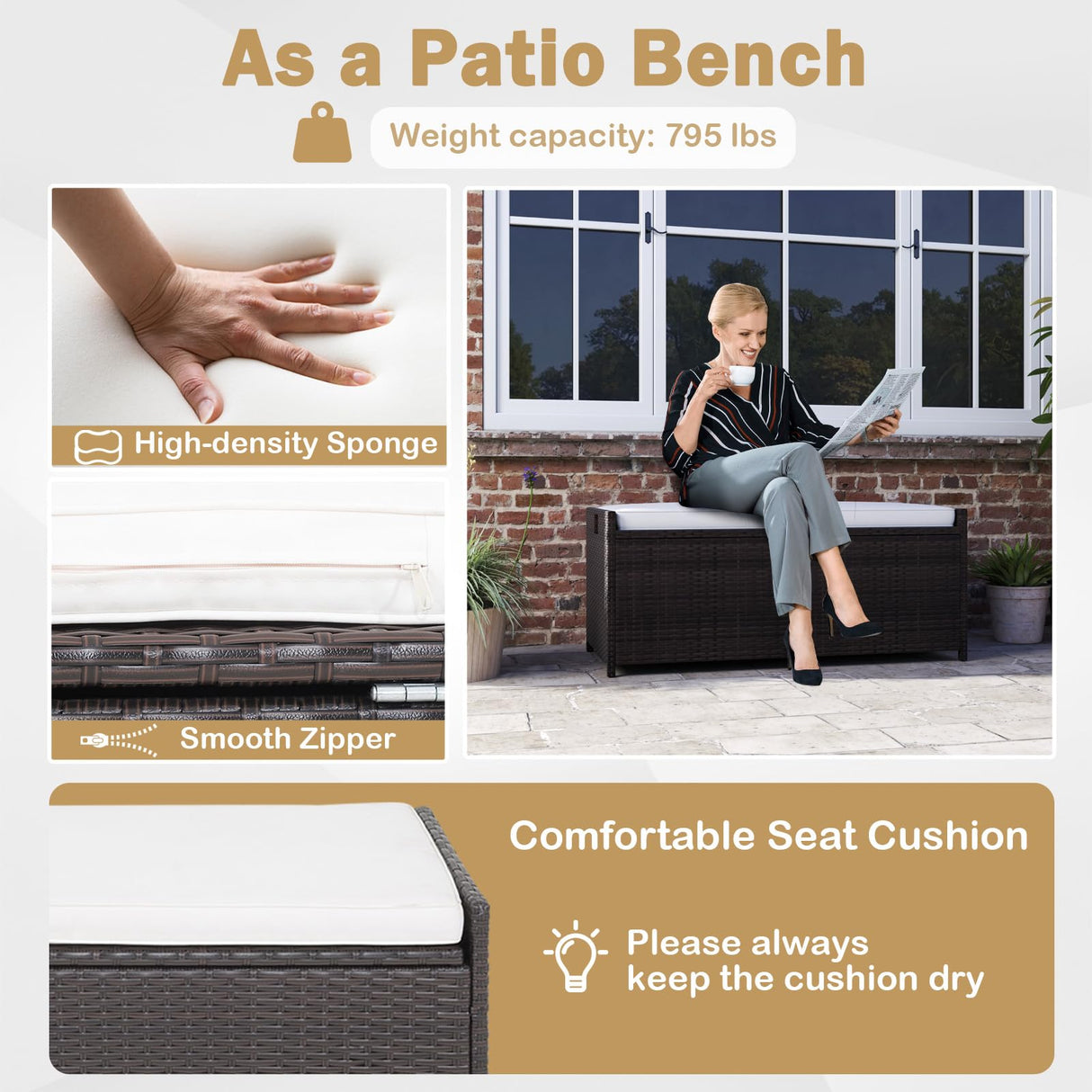 RELAX4LIFE 34-Gallon Outdoor Storage Box - Wicker Rattan Deck Box w/Seat Cushion, Waterproof Liner & Side Handles for Pillows, Patio Cushions, Pool Supplies, Garden Tools, Porch Outdoor Storage Bench RELAX4LIFE