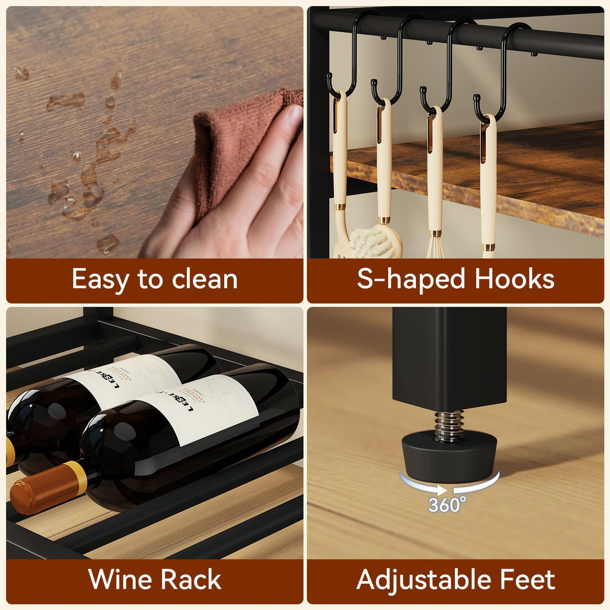 IBUYKE Kitchen Island with Storage, Bakers Rack with Power Outlet,Microwave Stand with Large Worktop,Rolling Bar Cart for Home, Outdoor, Kitchen,Rustic Brown and Black TMJ029H IBUYKE