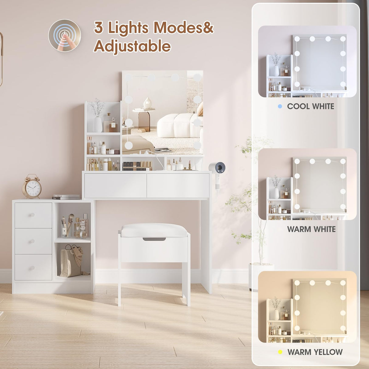 Fameill Makeup Vanity Mirror with Lights, Vanity with stools and Charging Station, LED Lights Makeup Mirror Vanity Set with 5 Drawers and Lots Storage Shelves for Women and Girls, White Fameill