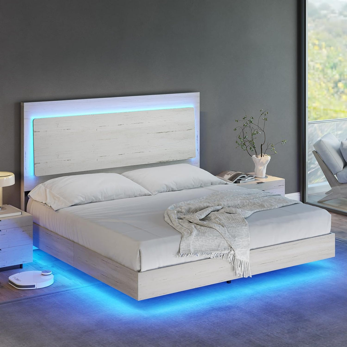 AMERLIFE Distressed White Floating Queen Bed Frame with Reclining Headboard and RGB LED Lighting AMERLIFE