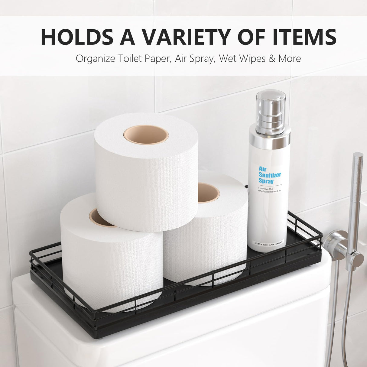 Toilet Paper Basket Organizer – Oak Wood Toilet Tank Tray with Metal Frame, Back of Tank or Top Bathroom Counter Storage – Black Modern Decor Focusonit