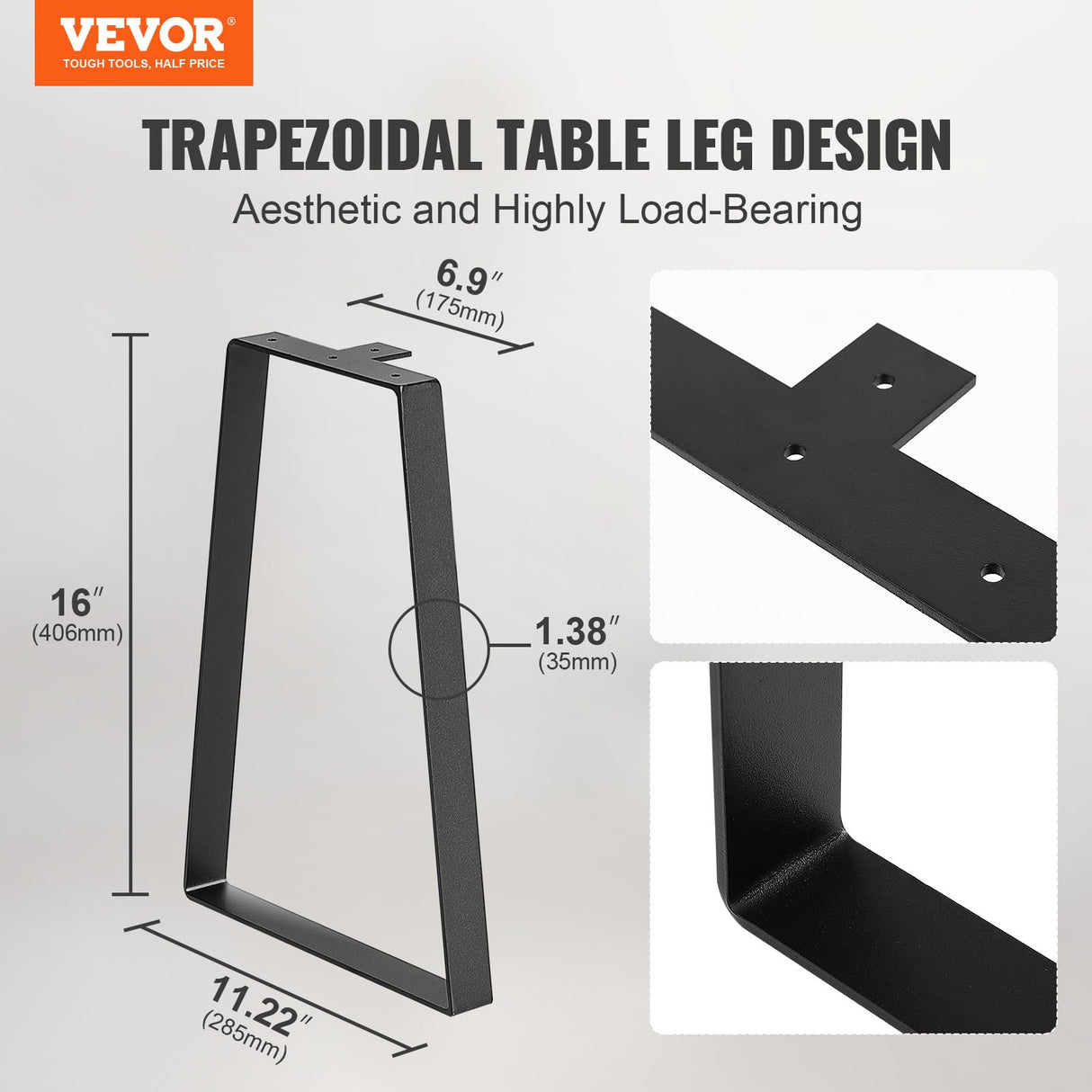VEVOR 16 inch Trapezoid Steel Table Legs, Replacement Furniture Legs Set of 2 for DIY Coffee Tables, Modern Desks, Bench, Night Stands, Sofa, Max Load 400 lbs Heavy Duty, Quick Instalation Legs Black VEVOR