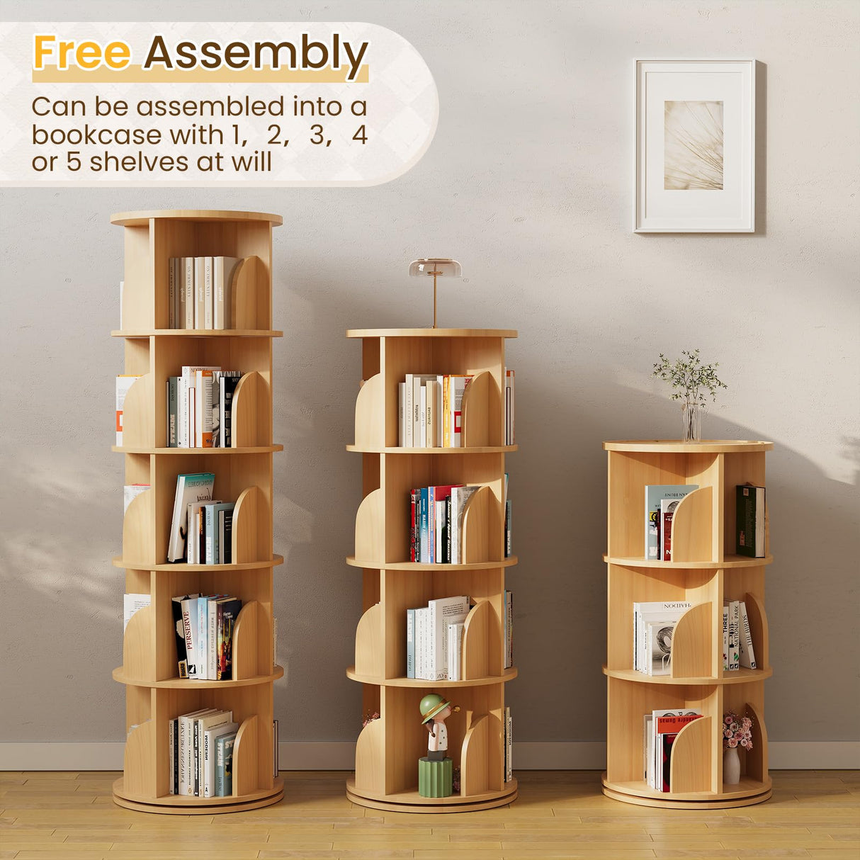 Rotating Bookshelf 360 Degrees,4 Tier Round Spinning Bookcase, Wood Book Shelf Tower for kids, Adults, Narrow Rolling Corner Bookshelf for Small Spaces, Bedroom, Classroom, Kids room, Natural YOUDENOVA