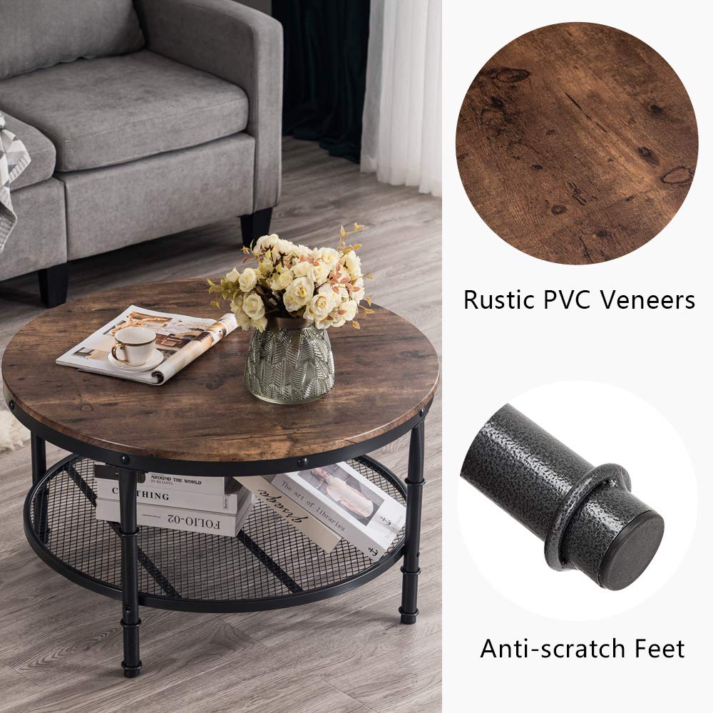 VINGLI Round Coffee Table with Storage - 31.5" Rustic Farmhouse Design, Industrial Style with Metal Shelf VINGLI