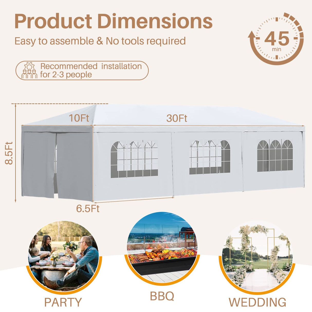 Greesum 10x30 Outdoor Canopy Tent, Patio Gazebo, for Party Wedding BBQ Events with 8 Side Removable Walls, Waterproof Canopies, White Greesum