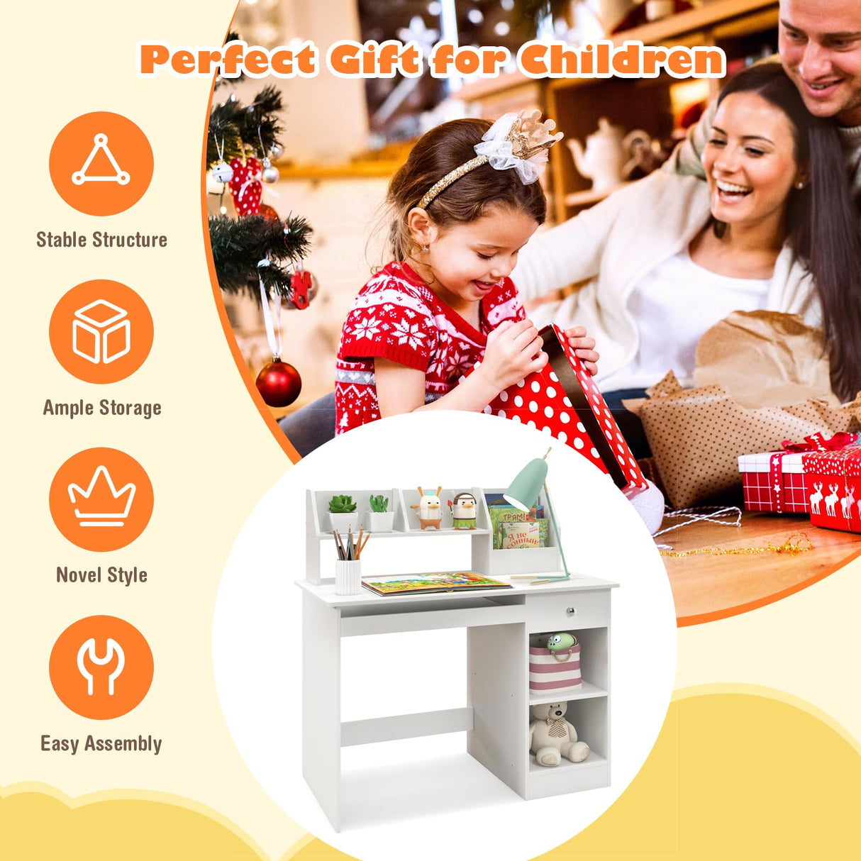 Costzon Kids Study Desk with Hutch and Storage - White Wooden Workstation for Children Costzon