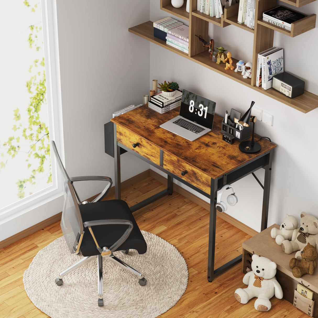 Lufeiya Small Computer Desk with 2 Drawers for Bedroom, 31 Inch Home Office Desk with Storage Fabric Drawer and Bag, Study Writing Table for Small Spaces, Rustic Brown Lufeiya