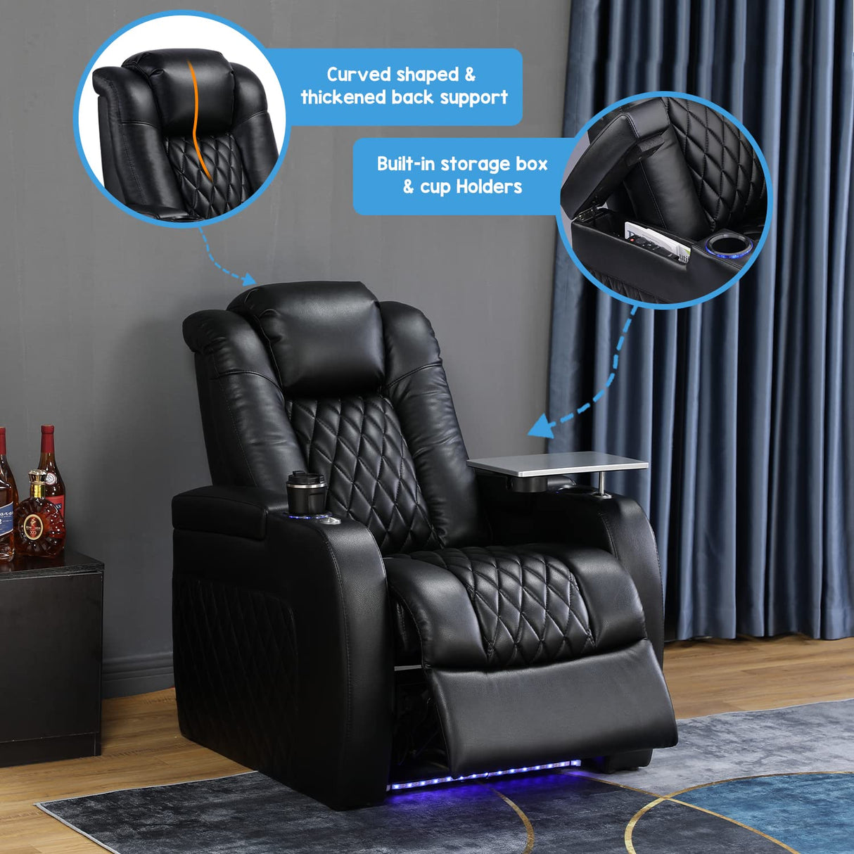 Weilianda Home Theater Seating Top Grain Leather Recliner Chair Dual Power Movie Gaming Sofa Electric Headrest with Tray Table Type-C USB Charge Cup Holders Black Weilianda