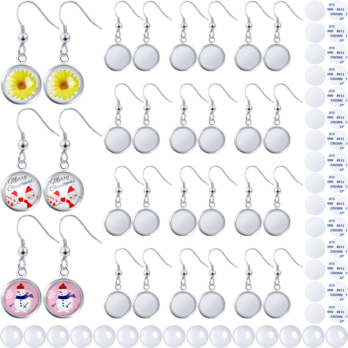 30 Pieces Sublimation Blanks Earrings for Valentine's Day Earrings Wire Hooks Blanks 12 mm Cabochon Settings Bezel Trays with Glass Domes Heat Transfer Aluminum Sheet for Valentine's Day Hicarer