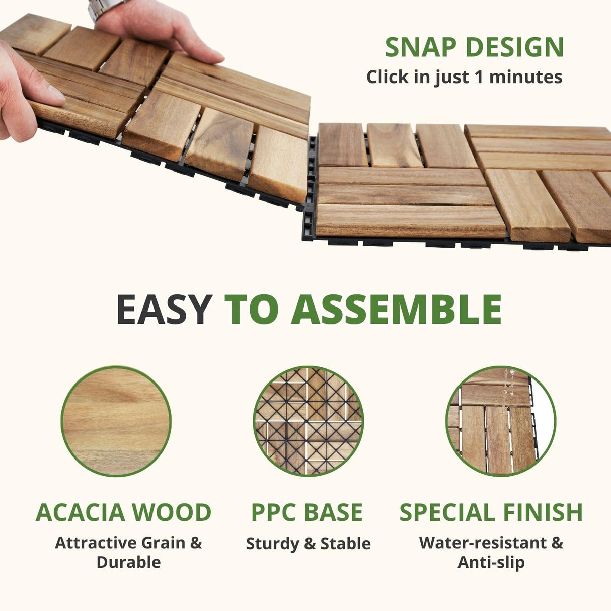 BEEFURNI Acacia Interlocking Deck Tiles (12"x 12" 10 PCS), Wood Deck Tiles Interlocking Outdoor All Weather, Patio Flooring for Indoor Outdoor use, 1-Year Manufacturer Warranty (Natural Wood) BEEFURNI