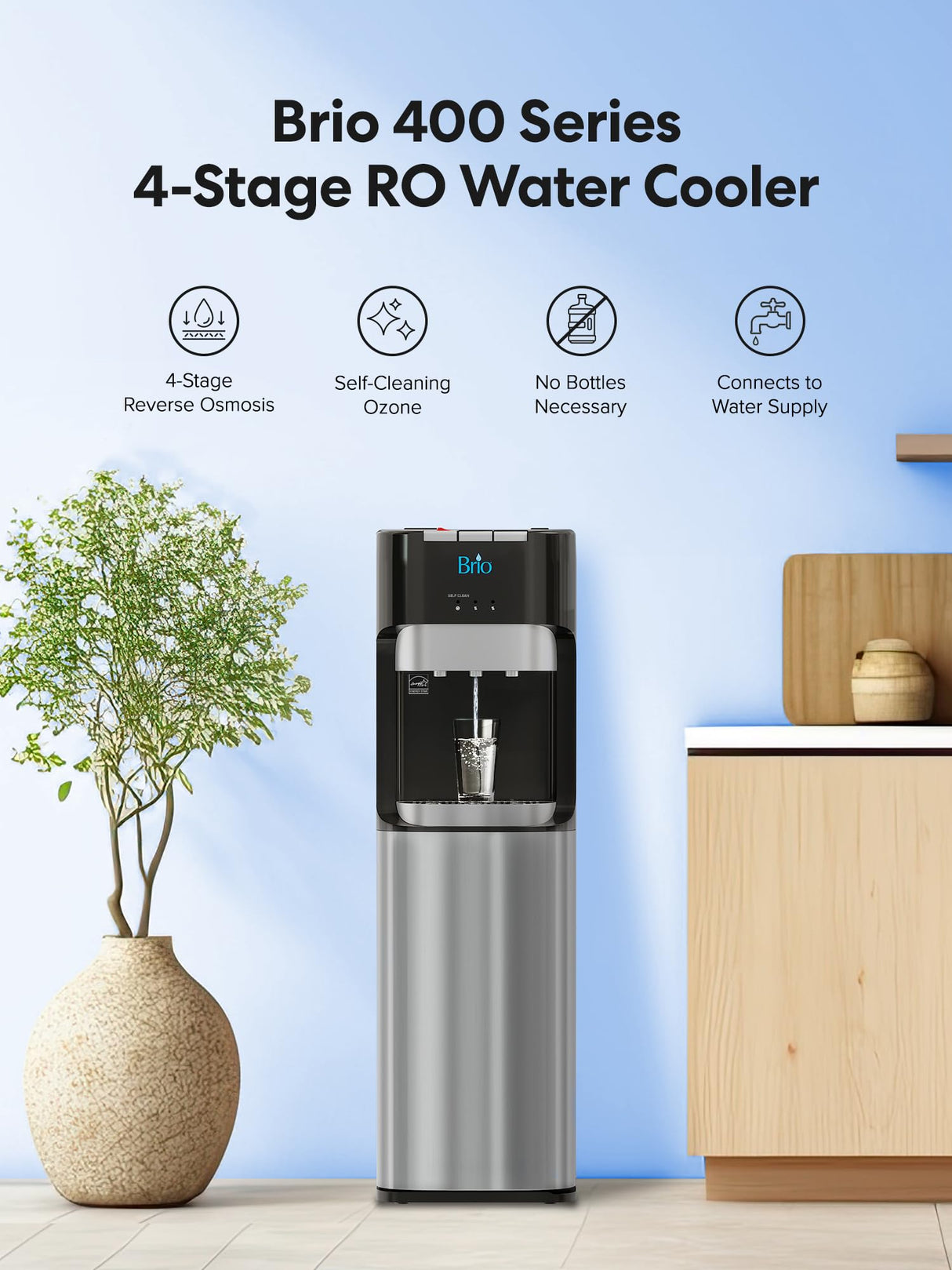 Brio Commercial Grade Bottleless Ultra Safe Reverse Osmosis Drinking Water Filter Water Cooler Dispenser-3 Temperature Settings Hot, Cold & Room Water - UL Approved – Point of Use Brio