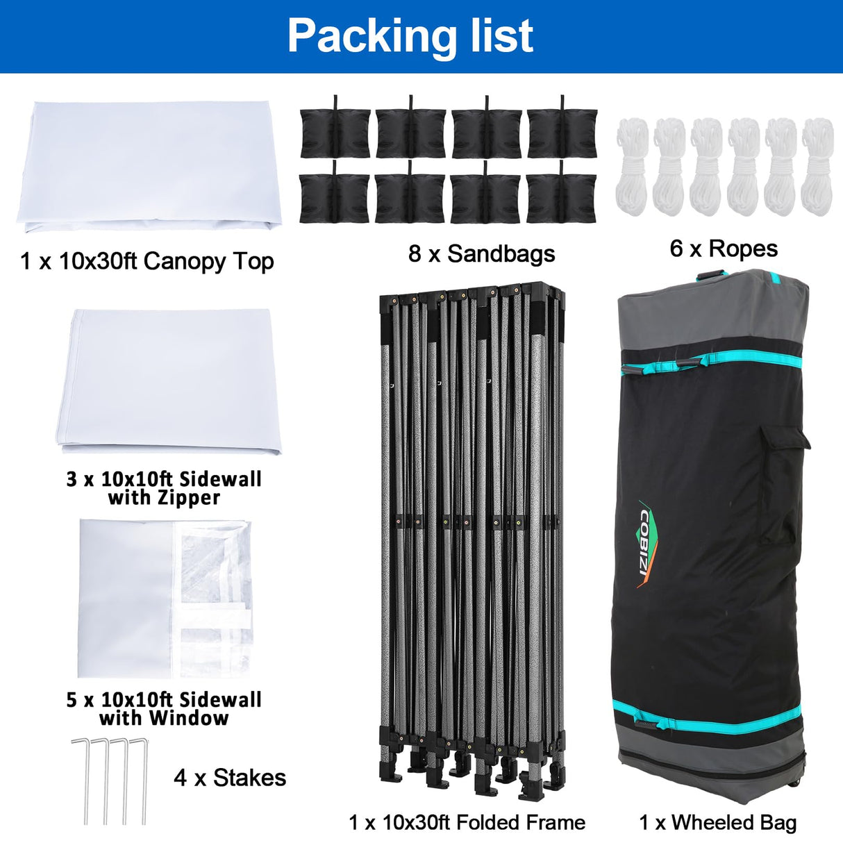 COBIZI 10x30 Pop up Canopy Tent 10x30 Canopy with 8 Sidewalls Waterproof Heavy Duty Commercial Canopy Tent for Parties Outdoor Tent Garden Gazebo Tent, Carry Bag with Wheel(10x30ft, White) COBIZI