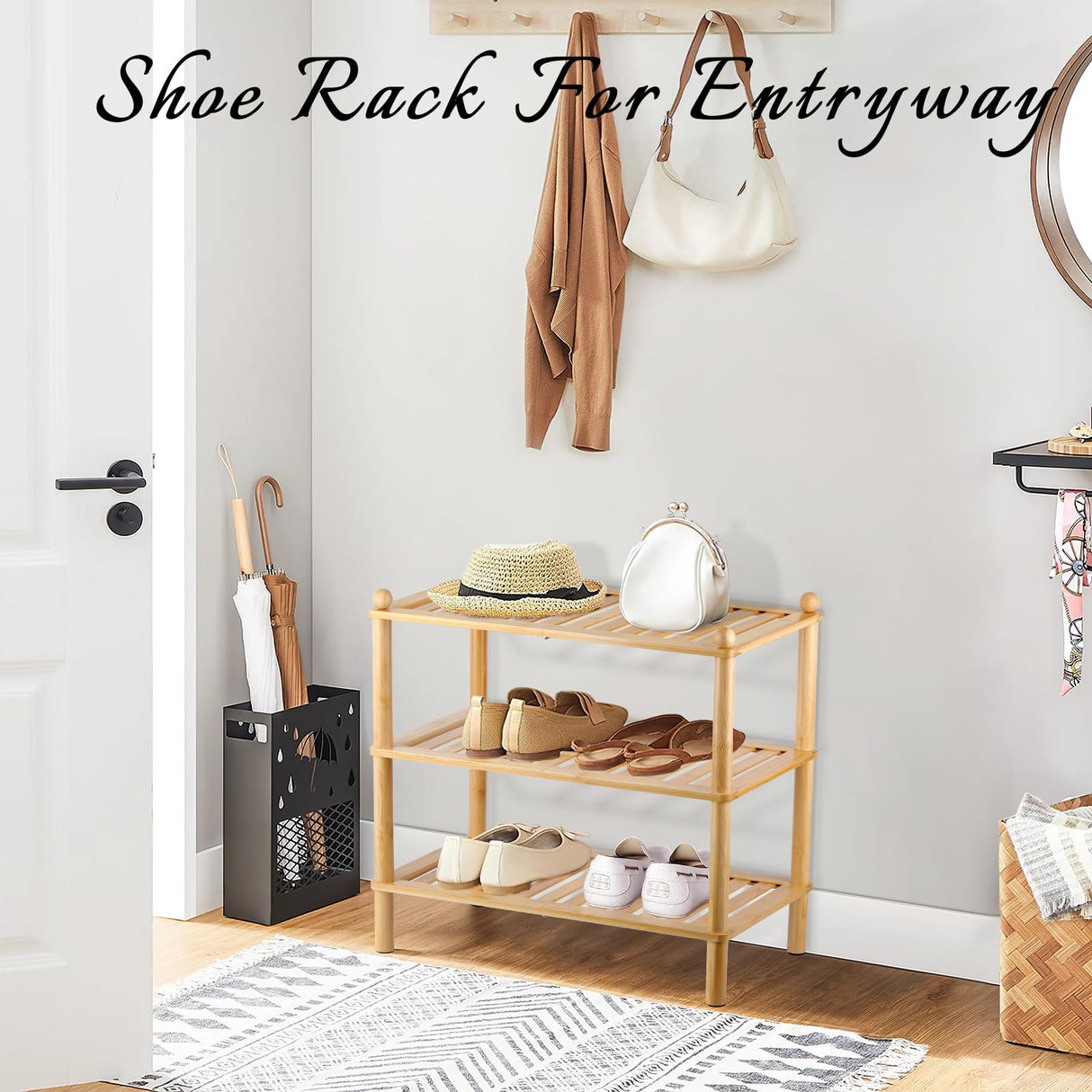 Tohomes 3-Tier Shoe Rack,Shoes Organizer,for Front Door Entrance, Free Standing Shelf Entryway and Closet Hallway, Small Space Stackable Bamboo Multifunctional Racks Tohomes