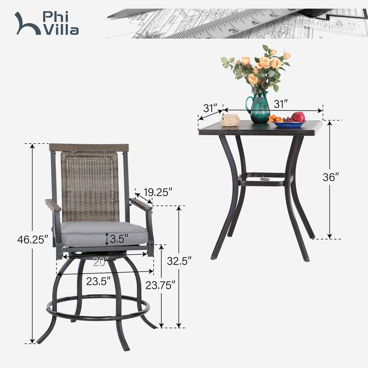 PHI VILLA 5 Piece Outdoor Bar Furniture Set, Counter Height Patio Bar Bistro Table (Square) & Rattan Wicker Bar Stools Chairs with All Weather Cushions for Backyard, Deck and Porch PHI VILLA