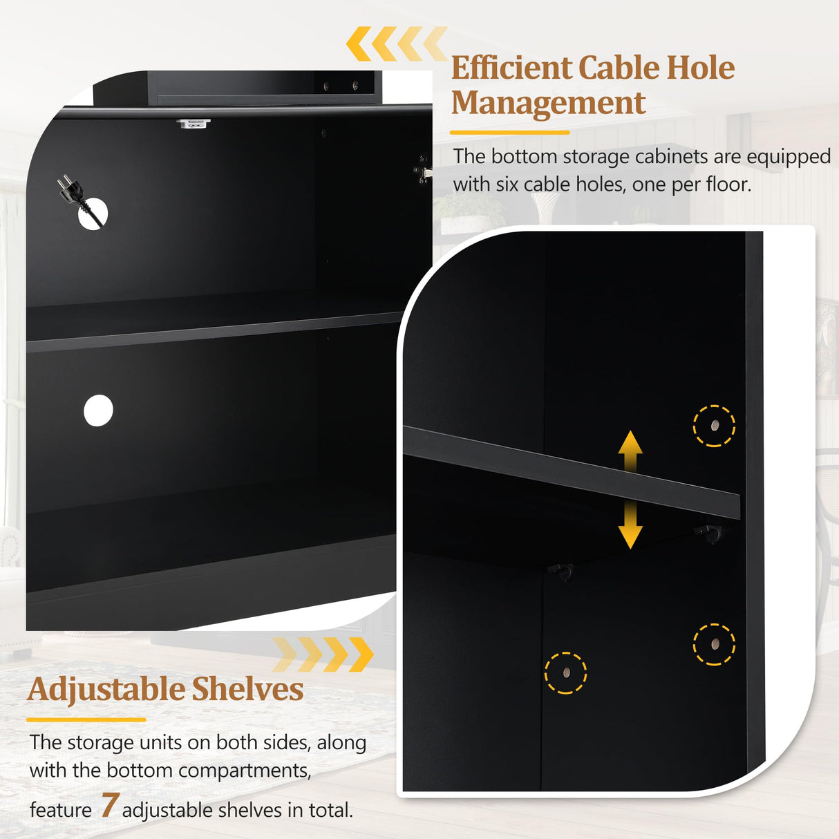 97.4"W Elegant 4-Piece Wall Unit Entertainment Center with Bookshelf for TVs Up to 70", Versatile TV Stand with Adjustable Shelf and Bridge, Mid-Century Media Console for Living Room (Black/TV) Hlcodca