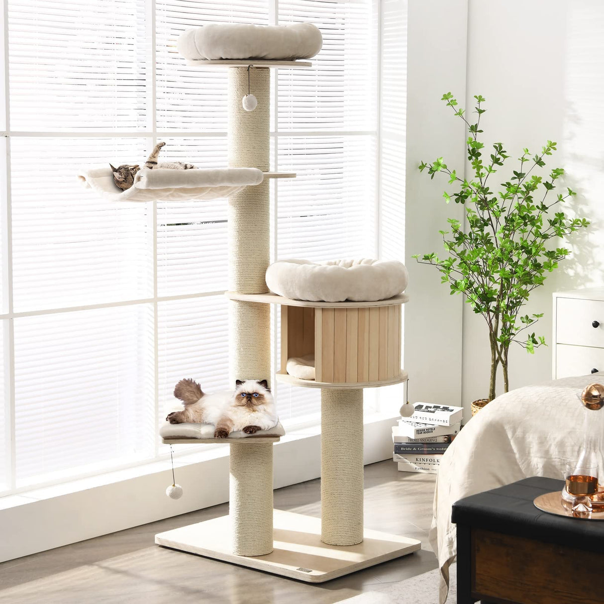 Tangkula Modern Cat Tree, Multi-Level Large Cat Tower w/Cat Condo, Hammocks & Hanging Basket, Tall Cat Tree w/Sisal Posts, Washable Cushions, Wood Cat Trees and Towers for Indoor Large Cats Tangkula