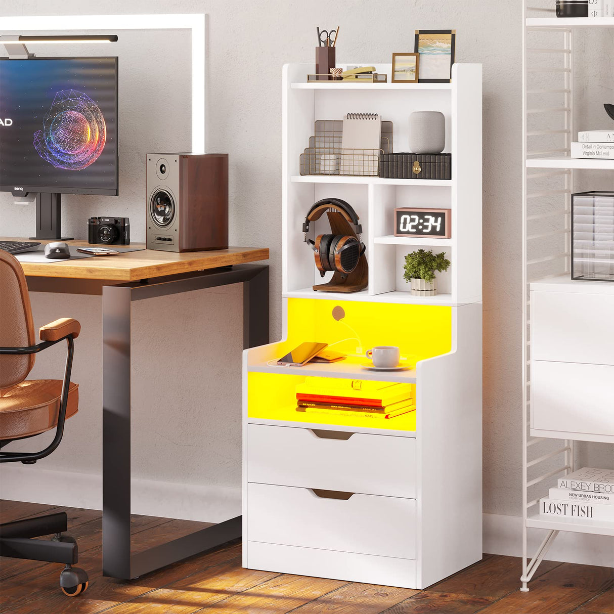 BTHFST Tall Nightstand Set of 2, LED Nightstand with Charging Station, Bedside Table with Shelves and 2 Drawers, Tall End Side Table with LED Lights and Storage, White BTHFST