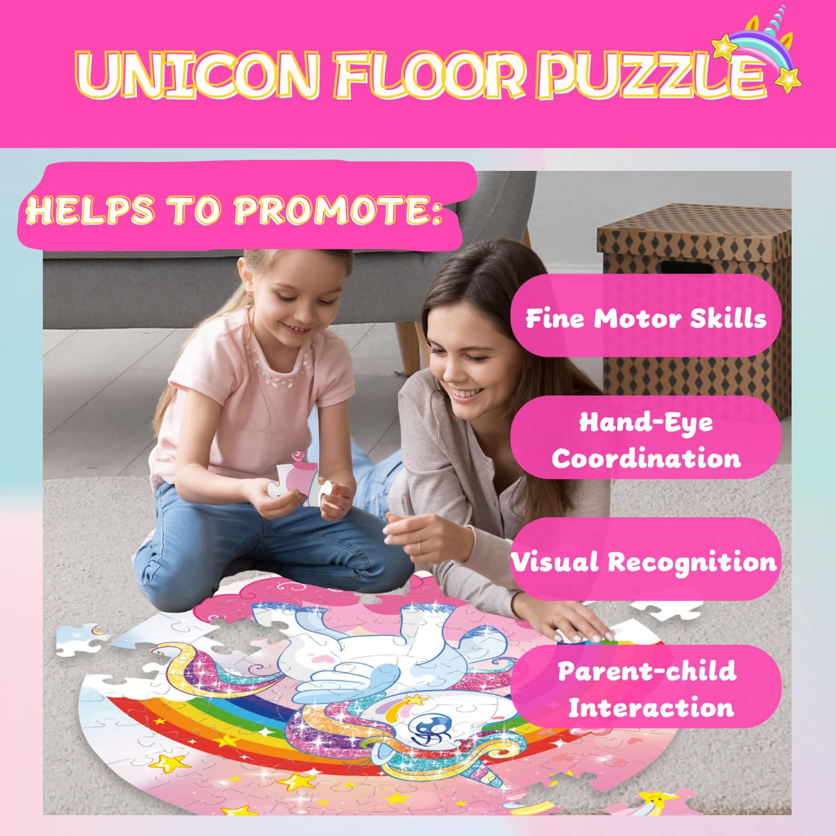 Unicorn Floor Puzzle for Kids Ages 3-5 Years Old: 70 Pieces Large Jigsaw Puzzles for Toddlers 4-8 Learning Educational Development Toys Game Girls Christmas Birthday Easter Gift FunPaxido