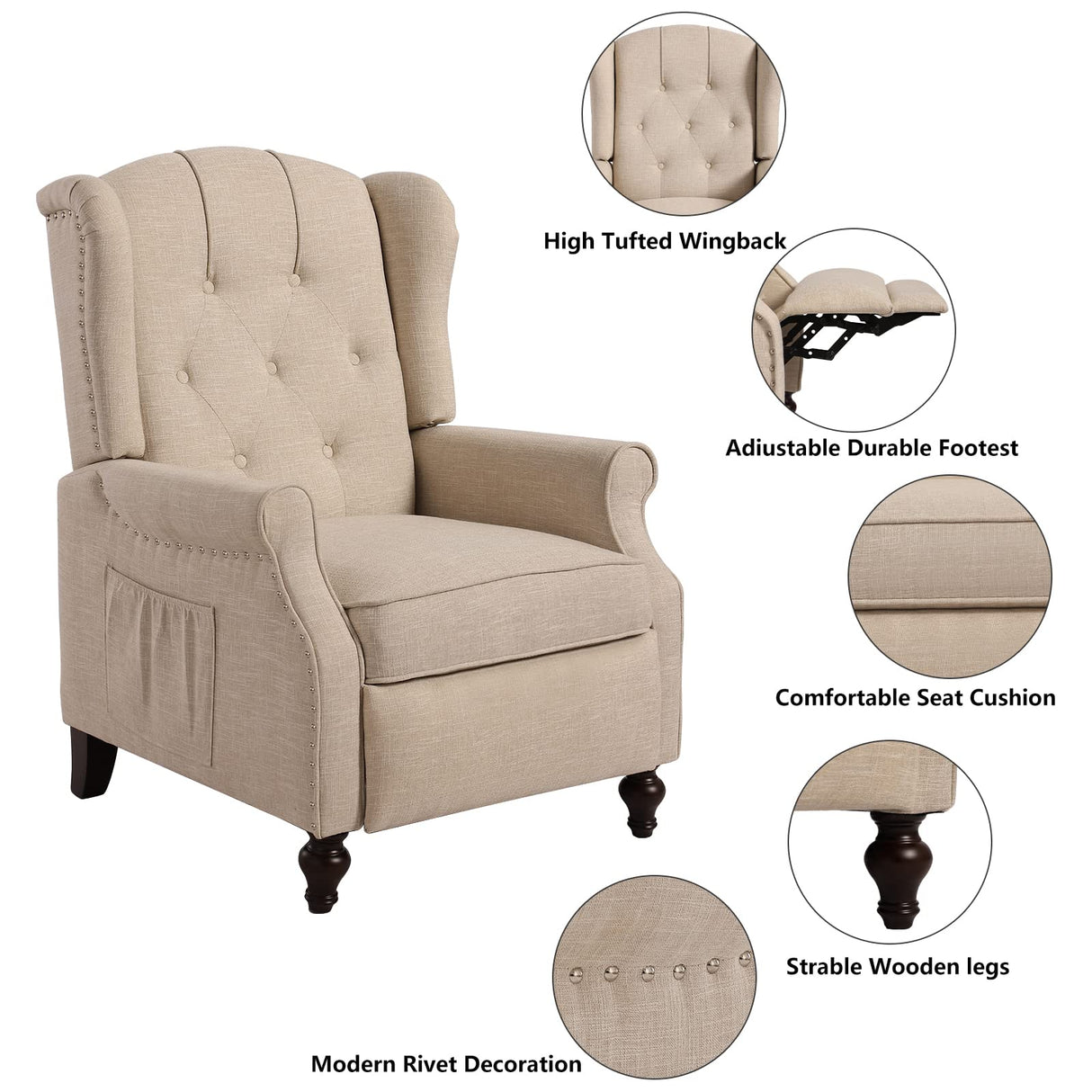 VUYUYU Wingback Recliner Chair, Push Back Arm Chair with Heat and Massage, Tufted Single Sofa for Home, Living Room, Office, Bedroom (Beige) VUYUYU