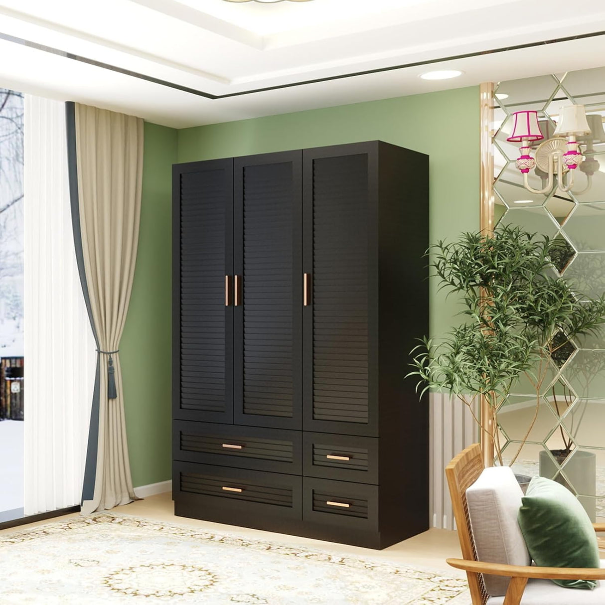 Keloyid Wood Armoire Wardrobe Closet Armoires Wardrobe Cabinet with 3 Door 4 Drawers Tall Wardrobe Closet Storage with Shelves and Hanging Rod for Bedroom Black 47.24''W x 19.69''D x 70.87''H Keloyid