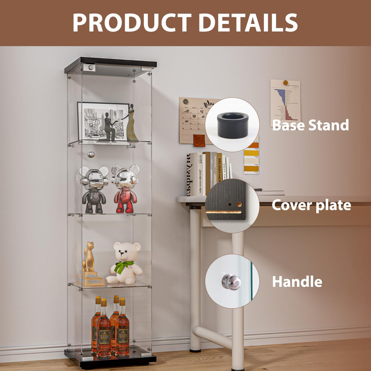 FANYUSHOW Glass Display Cabinet with Door and Lock, Quick-Install Style 4-Shelf Curio Cabinet 5mm Tempered Glass Floor Standing Bookshelf for Living Room, Bedroom, 65" H x 17''L x 14''W (Black) FANYUSHOW