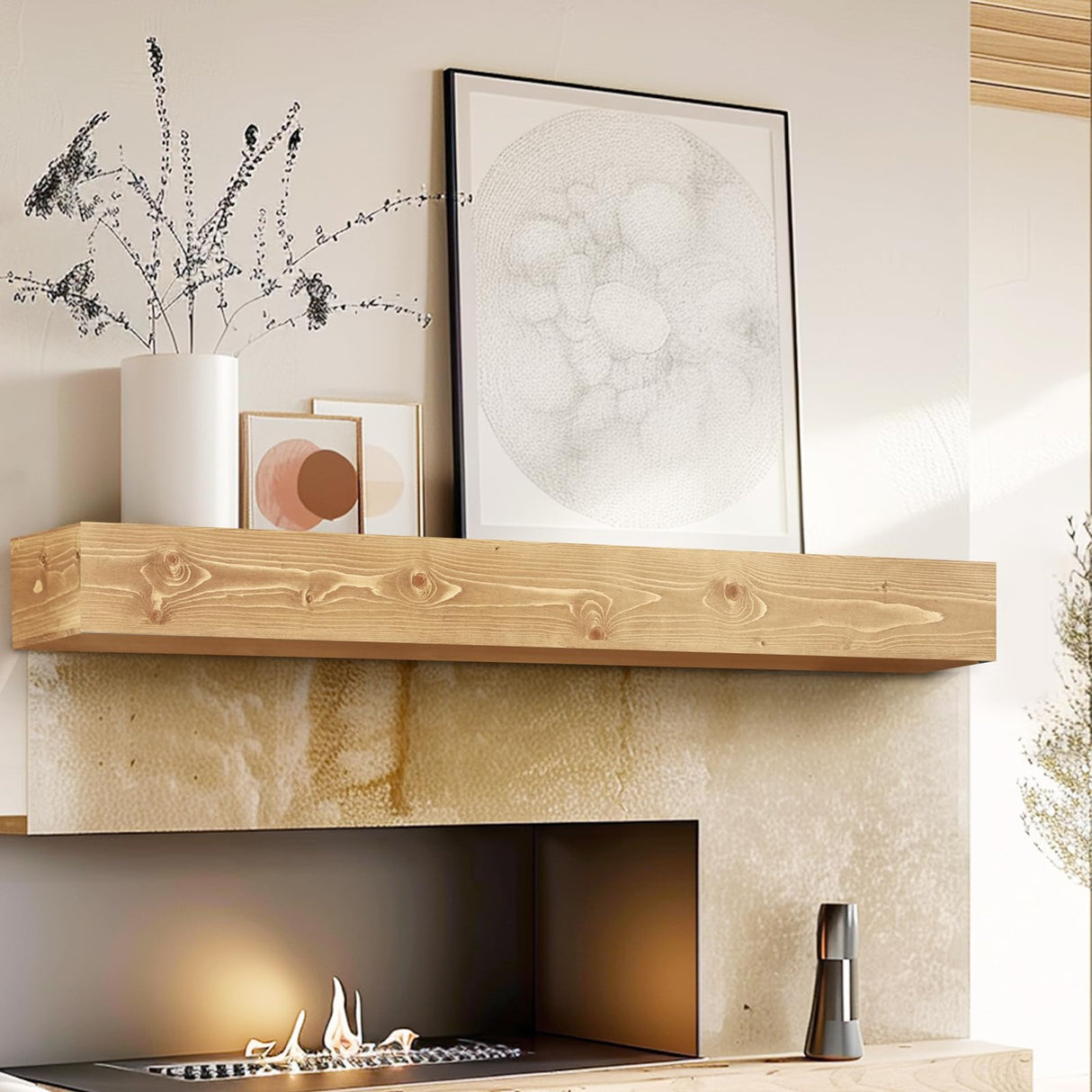 YLYHSST 48" Fireplace Mantel, 5'' Thick Handmade Hollow Solid Wood Wall Long Floating Shelf with Invisible Wood Brackets, Wood YLYHSST