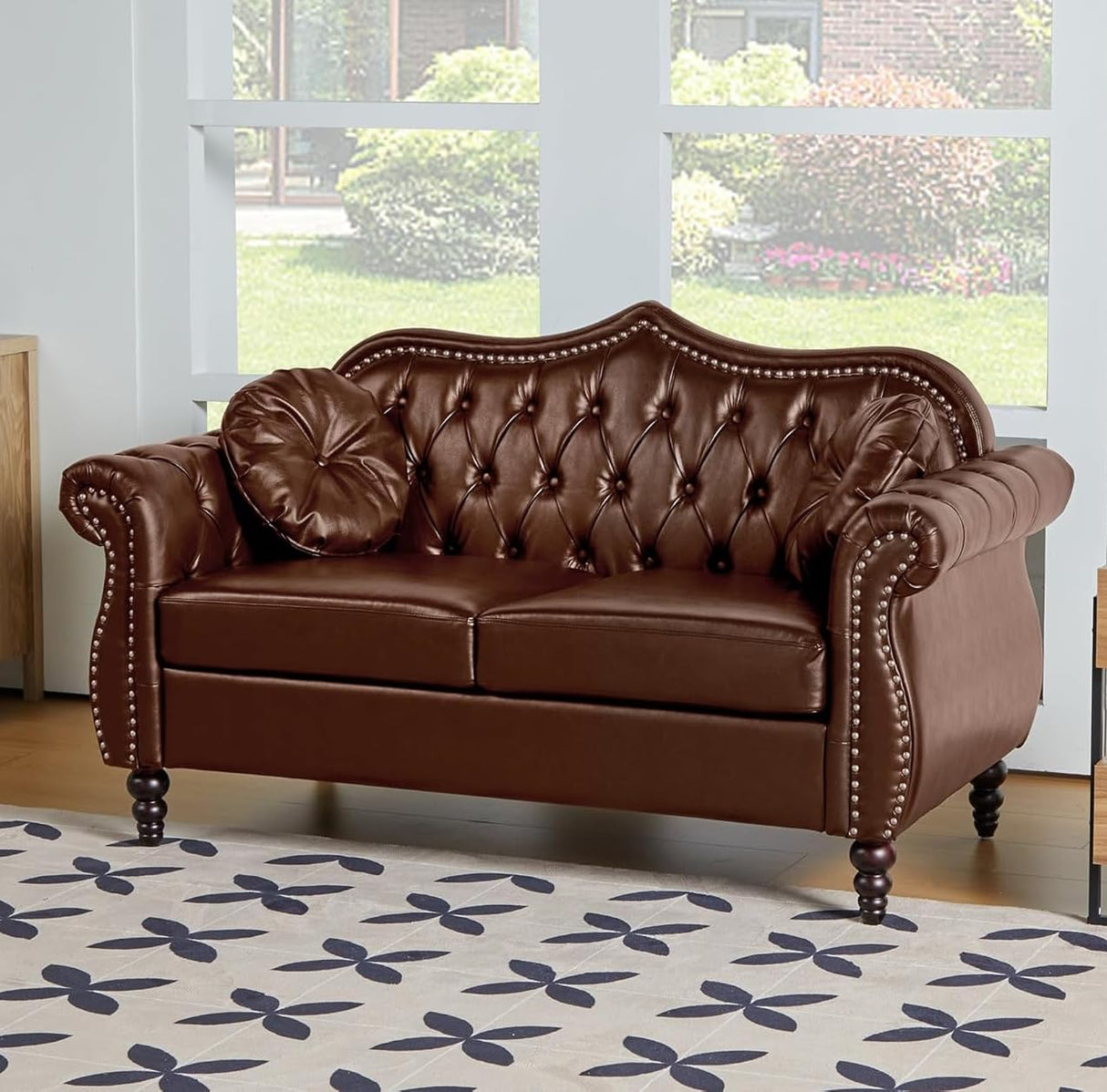 AVZEAR 60" Loveseat Sofa, Chesterfield Sofa, Mid-Century Modern PU Upholstered 2 Seater Sofa, Deep Button Tufted Living Room Sofa with Two Throw Pillows, Brown AVZEAR