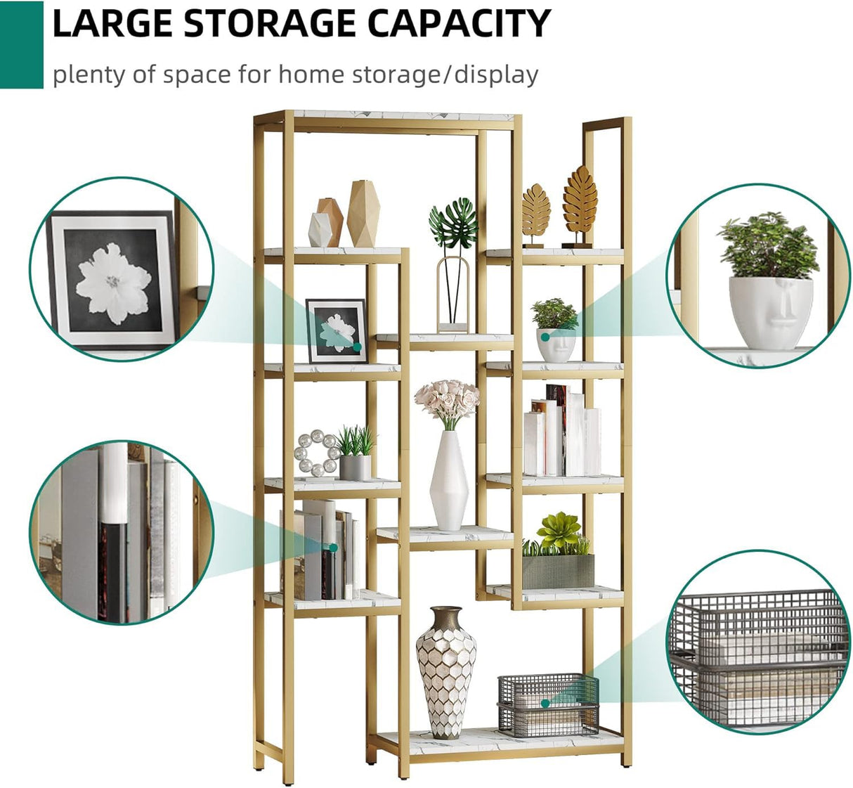 YITAHOME 6 Tier Gold Bookshelf, 71 Tall Modern Free Standing Bookshelf with 12 Shelf Bookcase, Faux Marble Open Display Storage Book Shelves for Living Room Bedroom Office Home, Gold & Marble YITAHOME