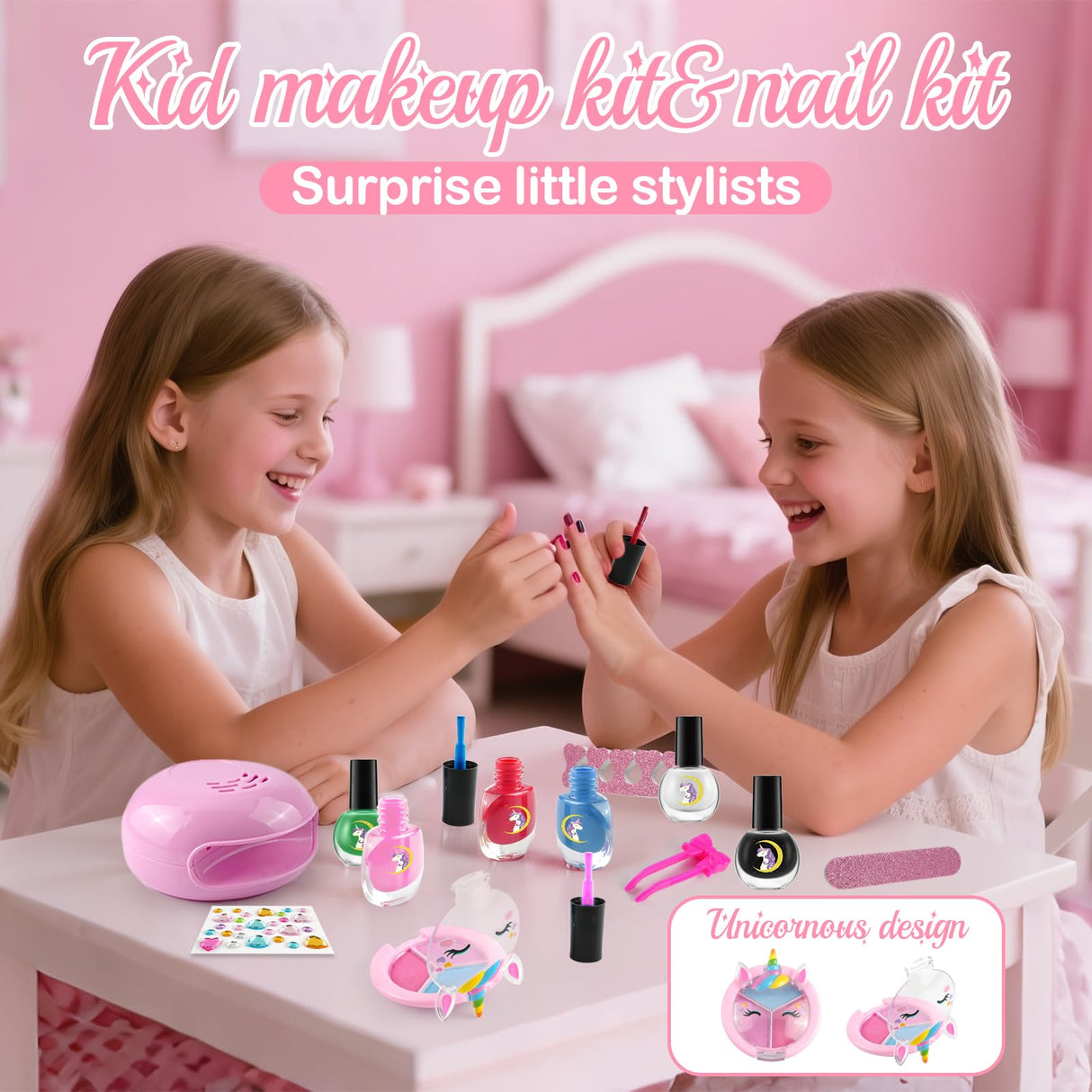 Kids Washable Makeup Kit& Nail Polish Kit for Girl, Kids Play Makeup Set Nail Art Princess Make Up Pretend Play Christmas Birthday Gift for Girls 3 4 5 6 7 8 9 10 11 12 Year Old Rhybor