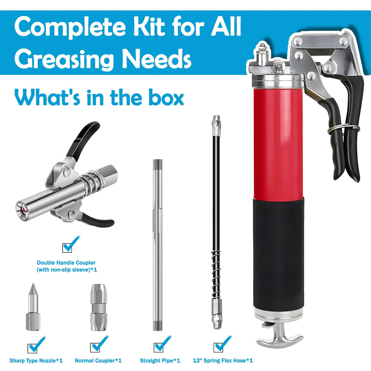 GATTLELIC Heavy Duty Grease Gun Kit, 8000 PSI Professional Pistol Grip 14 oz Load with 12" Flex Hose, Locking Coupler, Extension Pipe, and Sharp Nozzle GATTLELIC