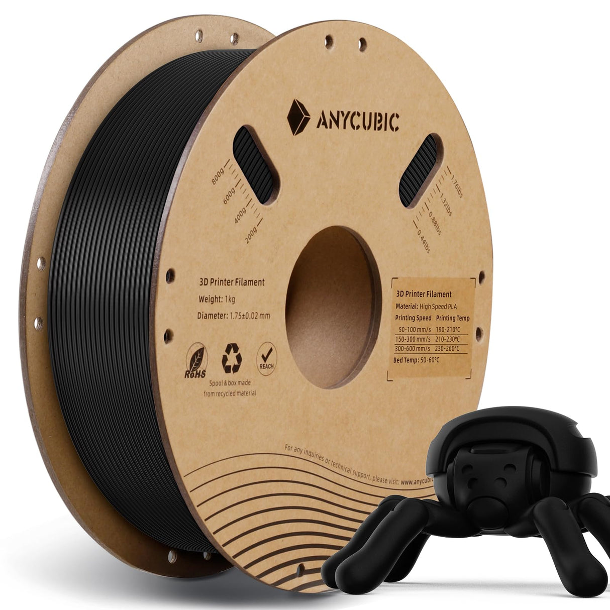 ANYCUBIC High Speed 3D Printer Filament 1.75mm, Print Up to 10X Faster, Rapid PLA Filament with High Prints Quality, Dimensional Accuracy +/- 0.02mm, Print with Most FDM 3D Printers, 1KG Spool, Black ANYCUBIC