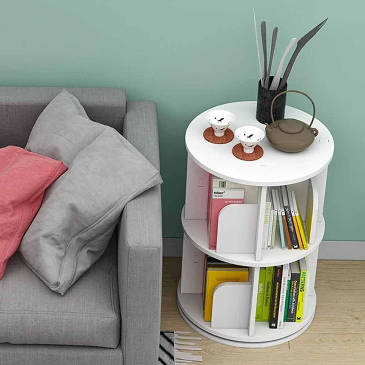 HOLMZCED 360° Rotating 2-Tier White Bookshelf - Versatile Free-Standing Storage Rack for Study, Bedroom, and Living Room HOLMZCED